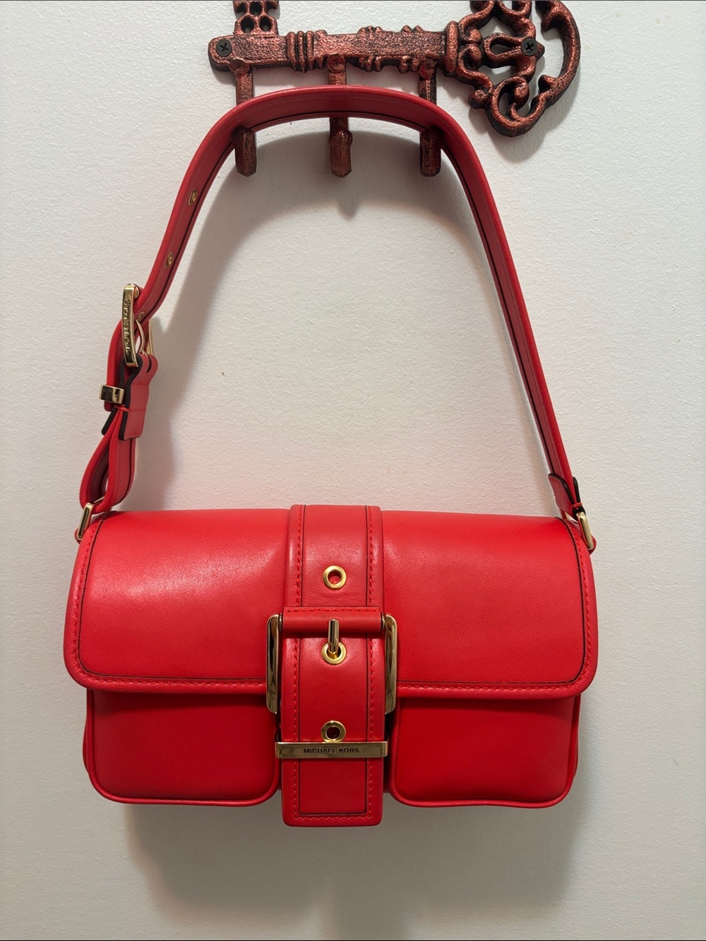 Michael Kors Red Leather Shoulder Bag with Buckle Detail
